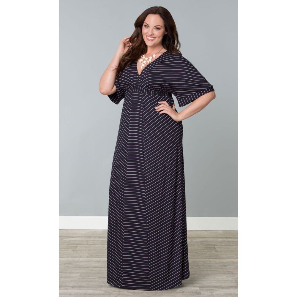 Kiyonna Dress Striped Maxi Party Patio Style 1X Kimono Sleeves Empire Waistline